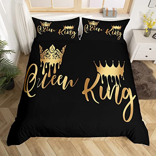 Loussiesd Queen und King Bettwäsche Set 220x240cm Liebhaber Schwarz Gold Bettbezug Set Krone Muster für Frauen Männer Paare Zimmer Dekor Modern Bettwäsche-Set 3Stück mit Reißverschluss