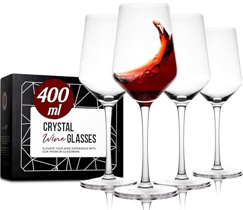 Gusto Nostro Set di 4 Calici Vino in Cristallo, 400 ml - Bicchieri Vino Rosso e Bianco a Stelo Lungo Moderni, Lavabili in Lavastoviglie, Eleganti e Raffinati - Per Matrimoni, Cene, Feste