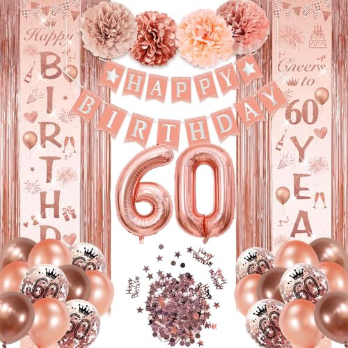 60 Geburtstagsdeko, 60 Rose Gold Geburtstag Mädchen Deko, Happy Birthday Girlande Tür Banner, für Frauen Mädchen Geburtstag Deko Geburtstags Party Deko