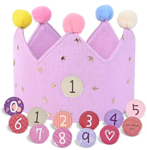 JOYUE Geburtstagskrone für Kinder, Geburtstagskrone aus Stoff mit Klett-Buttons Auswechselbaren Zahlen von 0-9, Unisex Krone für Kinder Geburtstag Party Supplies (Lila)