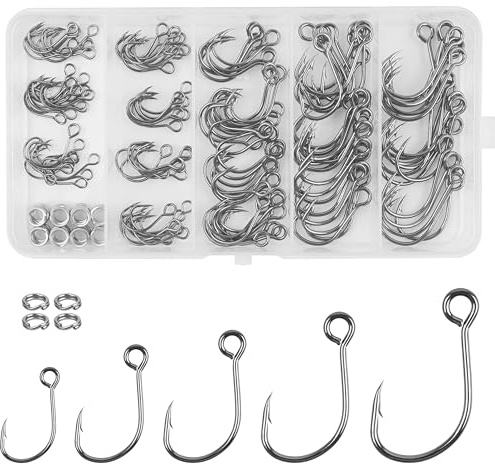 170pcs Inline Single Hooks Kit Single Replacement Inline Circle Hooks with Split Rings for Hard Lures Baits Freshwater Saltwater Fishing Tackle