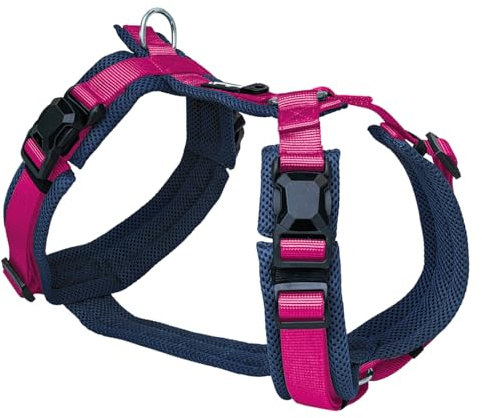 Petlando Hundegeschirr Magnetech Y-Comfort – Innovative Magnetschnalle, atmungsaktiv, mit Mesh gepolstert, stufenlos verstellbar – Navy/Fuchsia L (Halsumfang 46-80cm, Brustumfang 56-82cm)