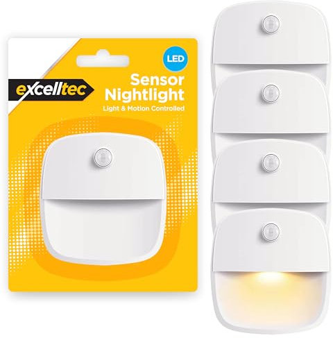 SOL 4pk LED Sensor Nightlight, Motion Activated Battery Operated Indoor Night Lights for Stairs, Staircase, Toilet Bathroom, PIR Movement Detector Powered, Easy to Install, Ideal for Nighttime Safety