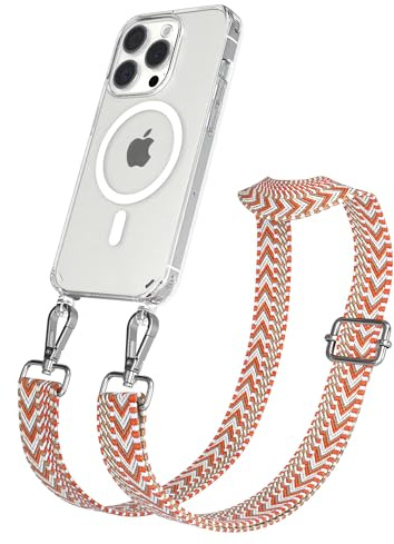 EAZY CASE Handykette - Verstellbares Taschenband kompatibel mit iPhone 15 Pro, Schulterriemen, Handykordel mit Silikon Hülle, Qi Charging kompatibel, Umhängetasche, Blau Rot Silber
