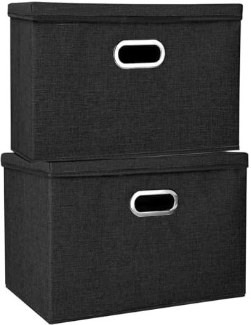 Foldable Storage Boxes with Lids Fabric Collapsible Storage Bins Wardrobe Closet Home Baskets Containers with Cover for Underwear Clothes CDs Arts and Crafts Toys (Black, 2Pack 45x30x30cm)