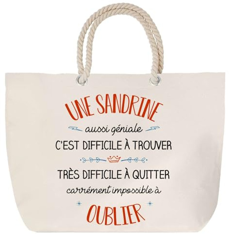 Planetee Sac de plage Une Sandrine aussi géniale – Cadeau Femme – Grand Sac de Transport, Sport – Coton et anse corde