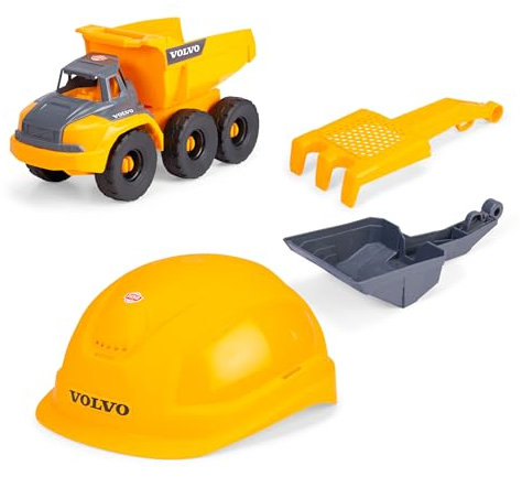 Dickie Toys - Volvo Baustellen-Set Tough Hauler (4-TLG.) - großer Spielzeug-Muldenkipper (26 cm) mit Helm, Schaufel & Rechen-Sieb, Auto- und Sandspielzeug für Kinder ab 3 Jahre