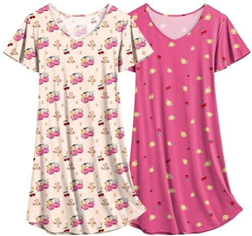 Ekouaer 2 Pack Nightgowns for Women Flare Short Sleeve Sleepshirt V Neck Sleepwear Teddy Bear + Pink Cherry L