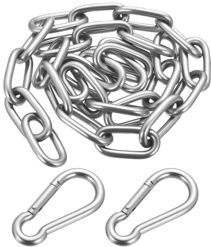 Cadena de Acero Inox, 6mm x 1 Metros Cadena Soldados de Acero Inoxidable, Cadena de Seguridad, Cadenas de Eslabones Soldados para Cerca, Puerta, Bicicleta, Cerradura de Seguridad, con mosquetón