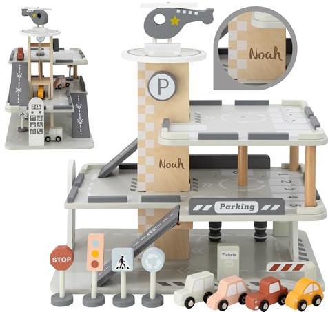 Personalisiertes Parkhaus für Kinder mit Name – Große Autogarage Spielzeug mit Mehreren Etagen – Holz Parkgarage & Auto Spielwelt – Geschenk ab 3 Jahre für Jungen & Mädchen