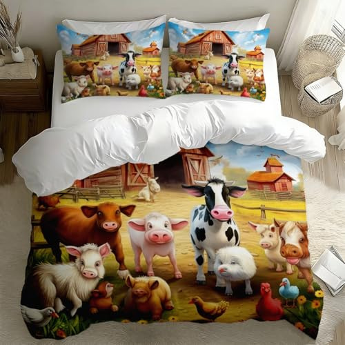 TBBFGTL Kinderbettwäsche Bauernhof Tiermotiv, 3D-Effekt Druck Farbenfrohes Bettwäsche Set mit Reißverschluss, Bettbezug 135x200 cm inkl. Kissenbezüge 80x80 cm