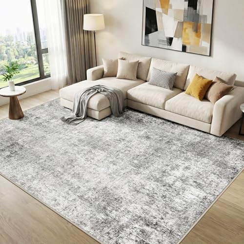 DEFYNEE Abstrakter Teppich Wohnzimmer 200x300 cm, Kurzflor weich & rutschfest, Kunstwolle, waschbar, Minimalistisches abstraktes Design, Wohnzimmer & Esszimmer, Indoor, Grau-Weiß