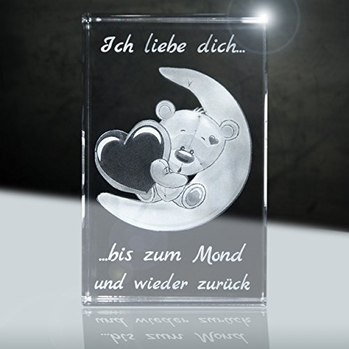 3Dglas | Ich Liebe Dich | Motiv: Teddy Mond | 80x50x50mm | Partnergeschenk