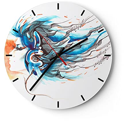 Modern Wanduhr Disco dj Mädchen Abbildung 40x40cm Rund Groß Wand Uhr Glas Analog Zimmeruhren Küche Büro Wohnzimmer Glasuhr Wall Clock Dekoration Design Wanddekoration Küchenuhr C3AR40x40-3029