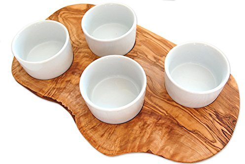 D.O.M.® Servierbrett für Dips aus Olivenholz inkl. 4 Porzellanschälchen