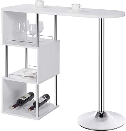 WOLTU S-förmiger Bartisch mit Stauraum, Stehtisch mit Weinregale, Bistrotisch aus Metall & Holz, Bartheke Tresentisch für Küche Bar Wohnzimmer, 113 x 40 x 105cm, Weiß