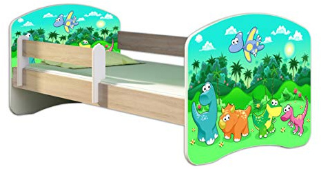 ACMA Kinderbett 140x70 Jugendbett mit Matratze, Farbe Sonoma mit Rausfallschutz Lattenrost II Spielbett Kinderzimmer Möbel, 30 Dino