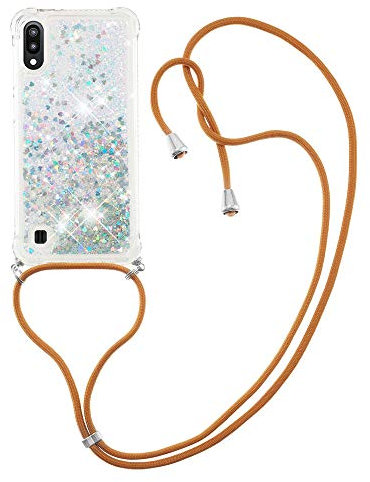 MRSTER Lanyard Phone Case for Samsung A10, Bling Glitter Quicksand Liquid Sparkle Silicone TPU Case Cover With Crossbody Necklace Cord Strap for Samsung Galaxy A10. LP Love Silver