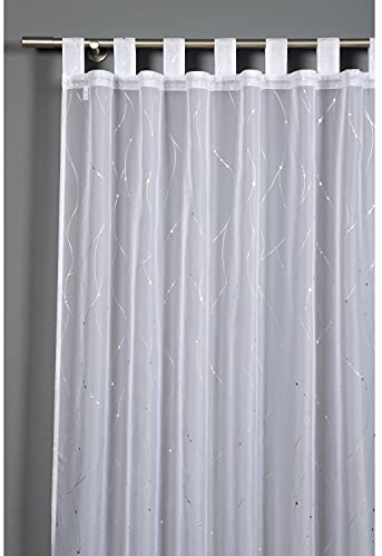 Gardinia Vorhang mit angenähten Schlaufen, Transparenter Schlaufenschal, Voile mit Silberdruck, Lichtdurchlässig und transparent, Weiß, 140 x 245 cm
