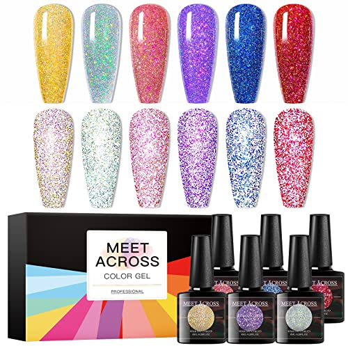 MEET ACROSS UV Nagellack Glitzer Gel Nagelgel Set Glitter Gel Nail 6 Farben Gel Polish Kit, Gel Lack UV Farbgel Set Maniküre Geschenkset