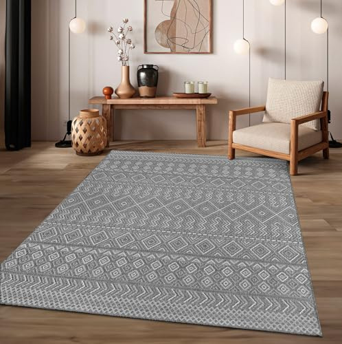 TT Home In-& Outdoor Teppich Wetterfest Balkon Küche Wohnzimmer Boho Rauten Design, Farbe: Grau 3, Größe:150 cm Quadrat