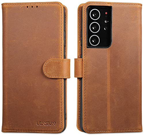 Lensun Cover per Samsung Galaxy S21 Ultra, Custodia in Vera Pelle [RFID Blocking] Libro con Portafoglio Chiusura Magnetico Flip Custodie Cuoio per Galaxy S21 Ultra 5G – Marrone retrò