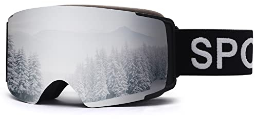 DUDUKING Skibrille Herren Damen, Skibrillen Ski Brille Snowboard Brille mit Magnetischen Linse, Ski Goggles für Skifahren Snowboarden, OTG Design Anti-Fog UV400-Schutz Helmkompatibel Parent (Silber)