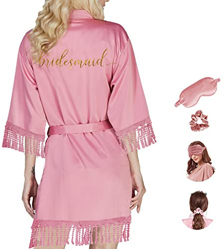 Robe de demoiselle d'honneur en soie pour femme - Robe de mariée en satin avec masque pour les yeux - 3 en 1 - Imprimé monogrammes, Rose pâle., 3XL