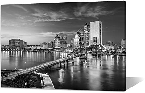 Jacksonville Wandkunst, gerahmter Druck, Florida, John T. Alsop Jr. Bridge, Skyline, Stadtbild, Leinwand-Wanddekoration, schwarz-weiß, Bild, Stadtansicht-Gemälde, Poster, fertig zum Aufhängen (91,4 x