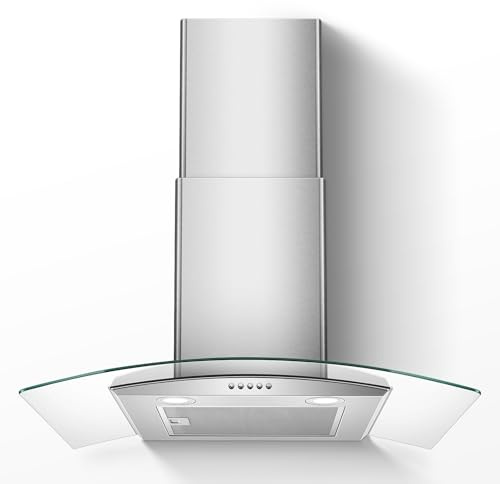 Range Hood 30 Inch, Tieasy Wall Mount Kitchen Hood with Ducted/Ductless Convertible Duct, Stainless Steel Chimney and Aluminum Filters, LED Lights, 3 Speed Fan, Push Button