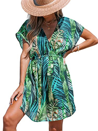 CUPSHE Women's Plunge V Neck Elastic Waisted Cover Up Set Split Short Sleeve Pull Over Mid Length Skirt Green Leaf M