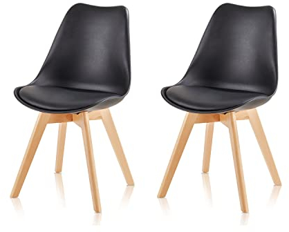KHG 2er Set Esszimmerstühle Polsterstuhl Skandi Look - Stuhlbeine Massivholz Buche, Kunststoff Sitzschale, gepolstertes Kunstleder-Sitzkissen, modern & pflegeleicht, belastbar bis 150 kg - Schwarz