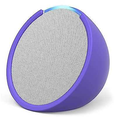 Echo Pop | Altavoz inteligente Bluetooth con Alexa de sonido potente y compacto | Blanco + funda blanda, Made for Amazon, para Echo Pop (modelo del 2023), Morada