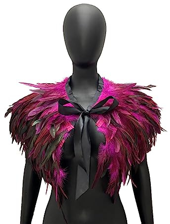 MoreChioce Natürlicher Feder Cape Stola, Unisex Gothic Umhang Natürlichen Feder Achselzucken Schal Halloween Kostüm Schal Top für Cosplay Party Tanz Anzieh Kostüm Ornament,Rosa Rot