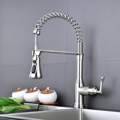 Küchenarmatur mit Pull Down Sprayer High Arc Spring Single Handle Single Hole Küchenspüle Wasserhähne mit 3-Funktionssprüher für Bar Rv Küche, gebürstetes Nickel, 360° Schwenkbar, Messing