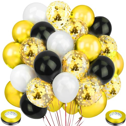 Ziamzra 60 Stück Ballon Gold Set 12 Zoll Ballons Geburtstag Metallic Chrom Gold Konfetti Luftballons Weiße Schwarz Helium luftballon Glitzer mit Bändern für Hochzeit Silvester Jubiläum Kinder Deko