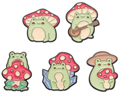 5pcs Cartoon Cute Mushroom Frog Enamel Pins Singer Playing Guitar Froggy Enamel Pin Funny Animal Guitar Frog Brooches Bag Lapel Pin Badges Plant Jewelry Friends Gift