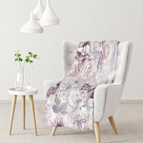 Decke, warme Flanelldecke/Decke, Bettüberwurf für Sofa, Büro, 102 x 76 cm,Lila und graue Blumen