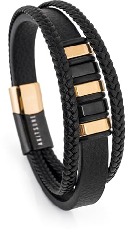 Akitsune Fabula Lederarmband |Armschmuck Frauen Herren Magnetverschluss aus Edelstahl Männer Armband - Gold - Schwarz 21cm