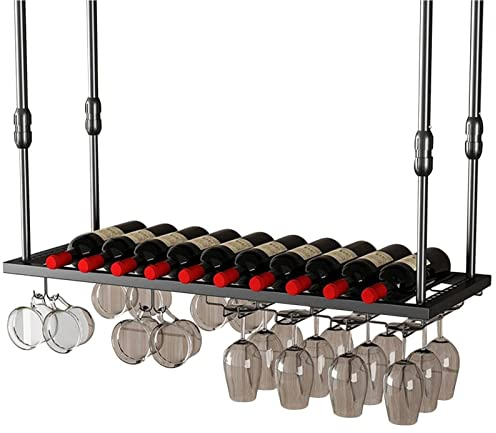 Generisch Schwarzes Weinregal, an der Decke hängender Weinflaschenhalter, Stielgläser, Weinaufbewahrungsregal, Küchenbar, Wand, Metall, schwimmende Glasbecher-Dekorationsregale – verstellbar