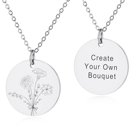 INBLUE Personalized Engraved Birth Flower Disc Necklace for Women Customized Text Stainless Steel Round Pendant Combined Birth Flower Bouquet Necklace Fashion Dainty Jewelry Gift for Birthday - A3