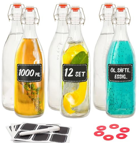Praknu 12er Set Glasflaschen 1l mit Bügelverschluss - Bügelflaschen Zum Befüllen - inkl 12 Extra Dichtungen & 24 Etiketten mit Stift - Glasflaschen für Öl, Essig, Saft & Limonade