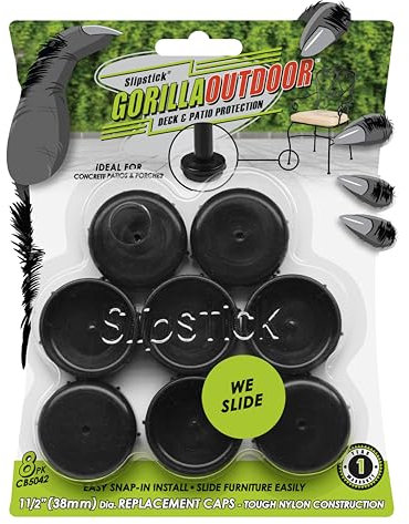 Slipstick Gorilla Outdoor 1-1/2 Inch Patio Chair Leg Caps for Wrought Iron Furniture (8 Pack) Floor Protecting Replacement Feet Glides for Metal Tables and Chairs, Nylon Sliders
