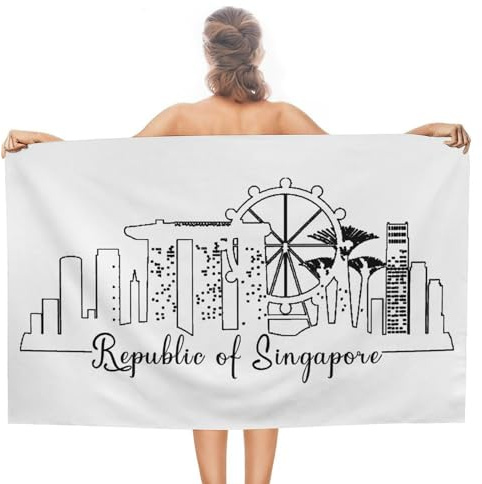 CustonCares Strandtücher der Republik Singapur, farbecht, weiche Mikrofaser, für Reisen, Yoga, Bad, Camping, personalisierbar, Reisen, Abenteuer, Skyline, Landschaft, Reisehandtuch, Brautparty,