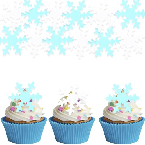 ALEGRE Essbare Schneeflocke Tortendeko Frozen,50 Stück Schneeflocke Kuchen Deko Essbar,Blau Weiß Schneeflocken Muffin Deko Essbar,Schneeflocke Deko Torte Essbar,Essbare Weihnachten Cupcake Topper