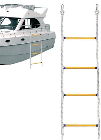 4 Step Boat Rope Ladder, Marine Rope Ladder, Nylon Rope Boat Ladder, Foldable Climbing Ladder with 2 Hooks, Assist Boat Folding Ladder for Kayak, Inflatable Boat, Motorboat