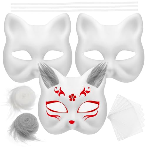 Garneck 3-Teilige Maske Mit: -Masken Pelzige e Diy-en Weiße Mit Plüschimitat Und Augennetz Tiere Unbemalte Halloween-e Für Kostümpartys