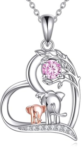 YFN October Birthday Necklace 925 Sterling Silver Good Luck Elephant Pendant Cute Animal Jewellery Gift for Women Mom Wife