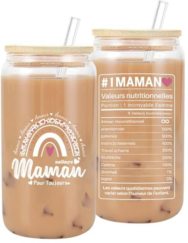 VivaJoy Cadeau Maman – Cadeau Anniversaire Maman, verre avec couvercle et paille, verre café glacé, idéal pour la fête des mères et un cadeaux de Noël de la part des enfants