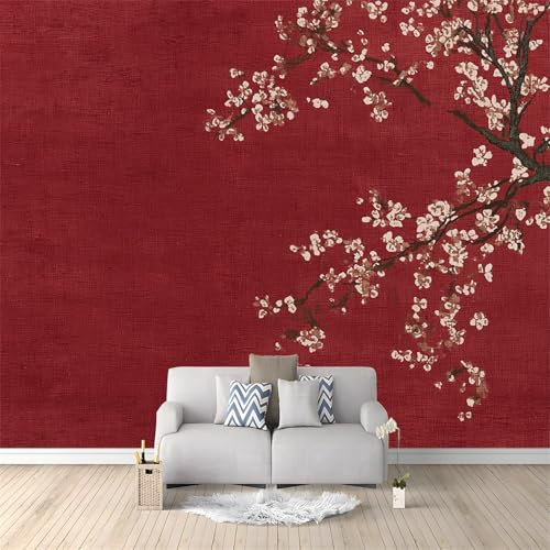 Tapete Wandbild Bild Fototapete 250 x 175 cm Vlies Tapeten Wandtapete 3d Effekt, Tapete Wanddeko Dunkelrot Design Blumen Zarte Kirschblüte Wand Dekoration Wohnzimmer Schlafzimmer Büro